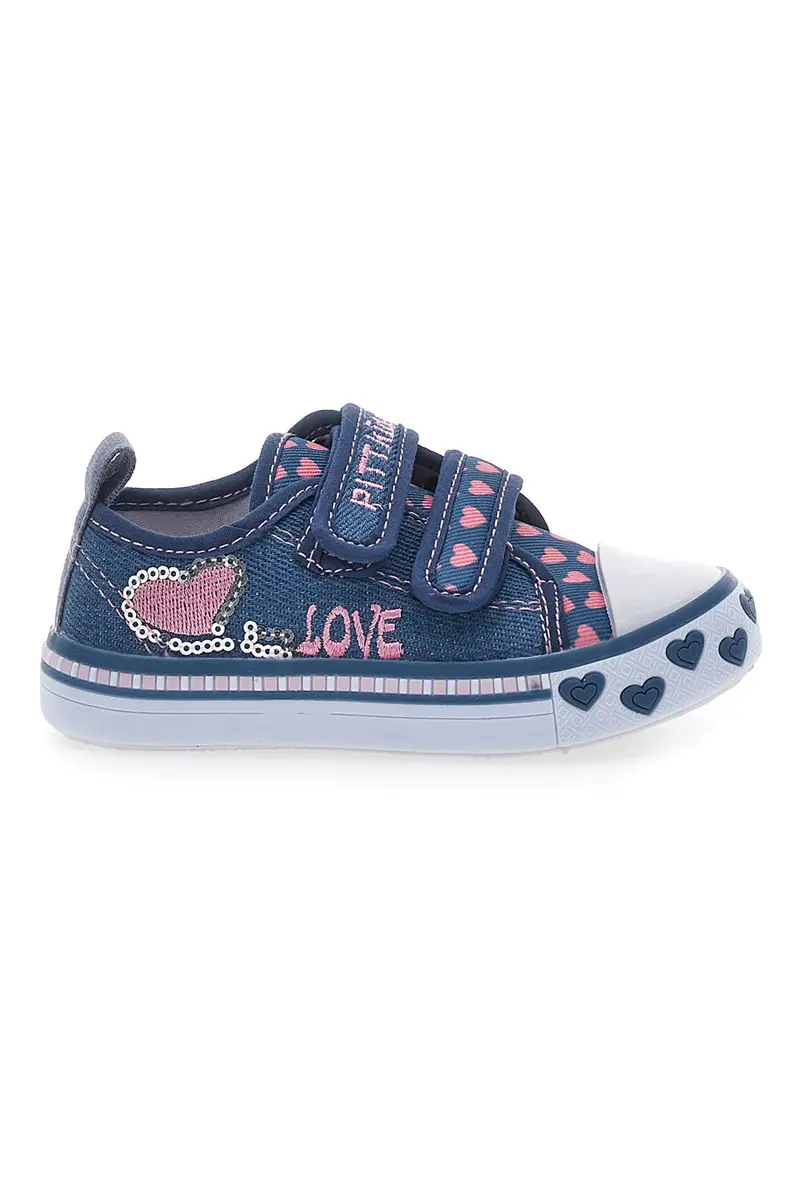 Sneakers blu denim con cuori e scritte a strappo PITT KIDS 224275