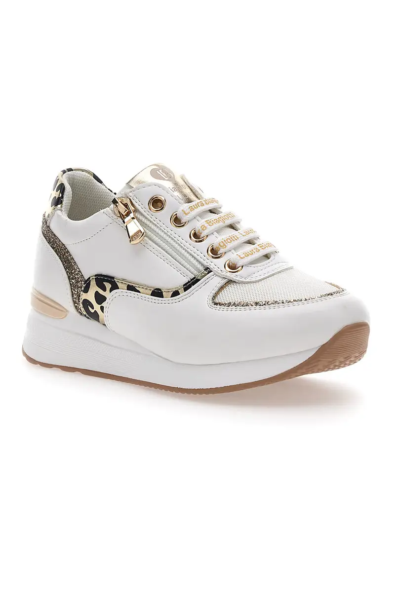 Sneakers con Zeppa e Doppia Cerniera Bianche e Oro Laura Biagiotti 8481 miniatura 2