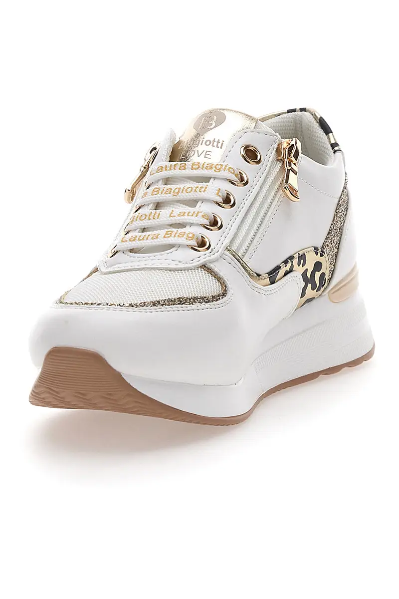 Sneakers con Zeppa e Doppia Cerniera Bianche e Oro Laura Biagiotti 8481 miniatura 3