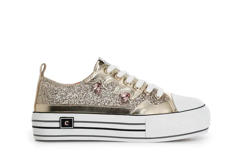 sneakers in glitter e strass platino