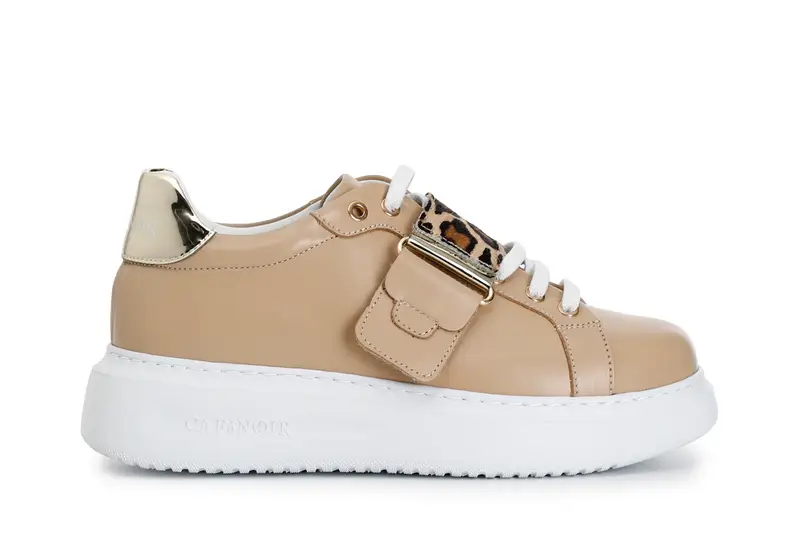 sneakers in pelle con fascia cavallino beige maculato 38