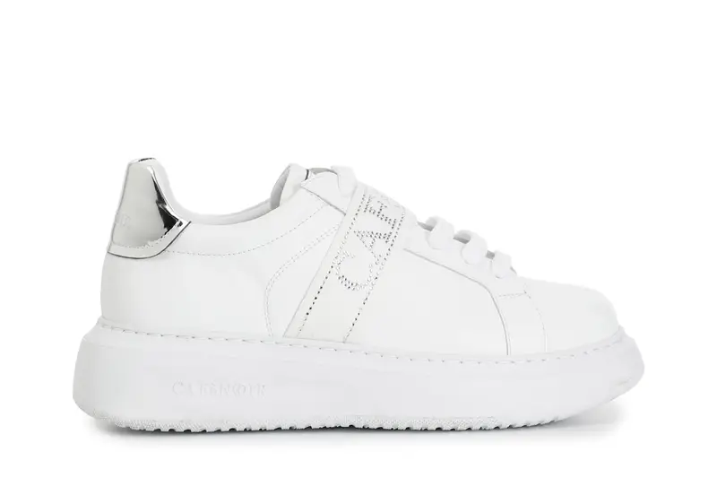 sneakers in pelle con nastro logato con strass bianco