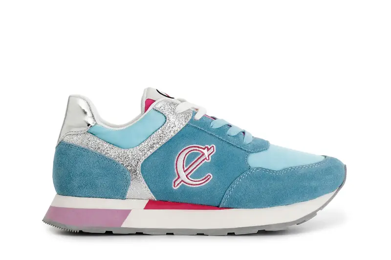 sneakers in pelle scamosciata e tessuto con riporti glitter celeste 38