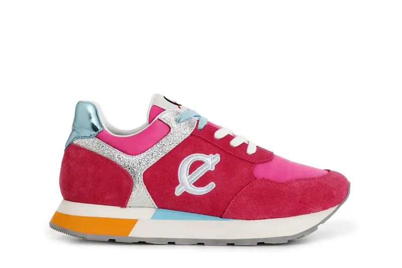 sneakers in pelle scamosciata e tessuto con riporti glitter fuxia 40