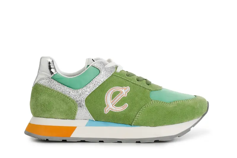 sneakers in pelle scamosciata e tessuto con riporti glitter verde 39