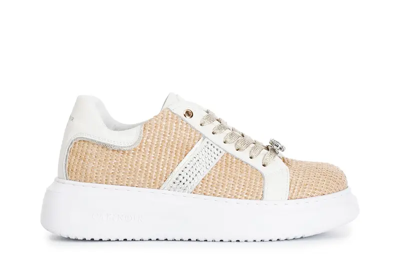 sneakers in rafia con strass laterali e accessori gioiello removibili beige 37
