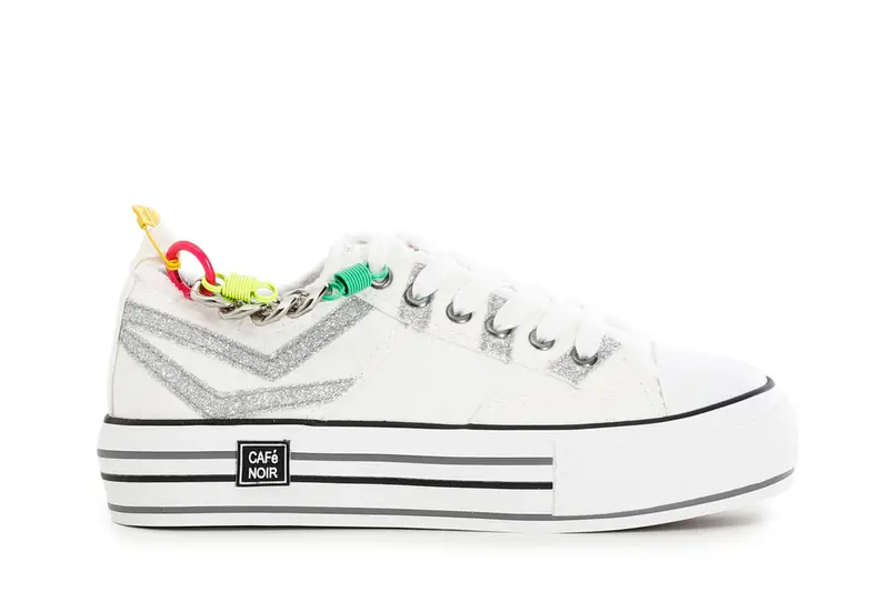 sneakers in tessuto con glitter e catena su suola a cassetta burro/argento