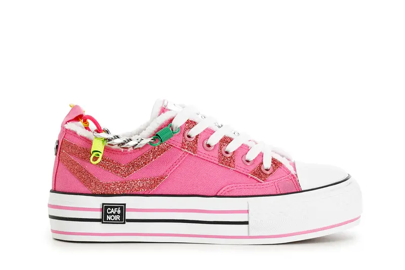 sneakers in tessuto con glitter e catena su suola a cassetta fuxia