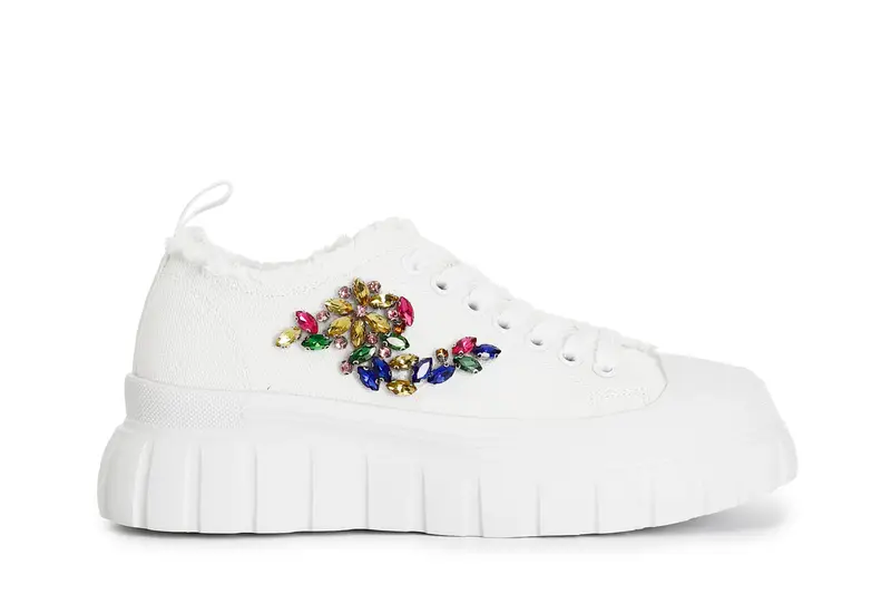 sneakers in tessuto sfrangiato e patch di strass bianco