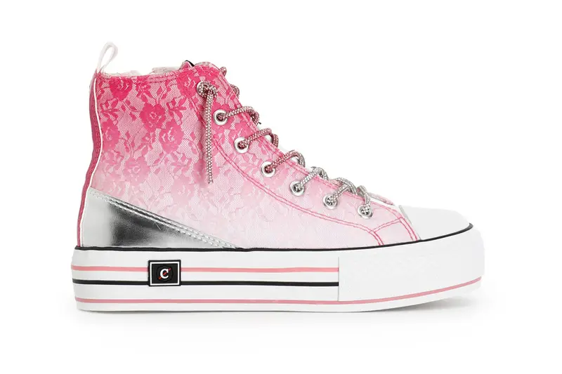 sneakers mid pizzo degradé con lacci strass fuxia 37