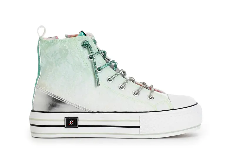 sneakers mid pizzo degradé con lacci strass menta