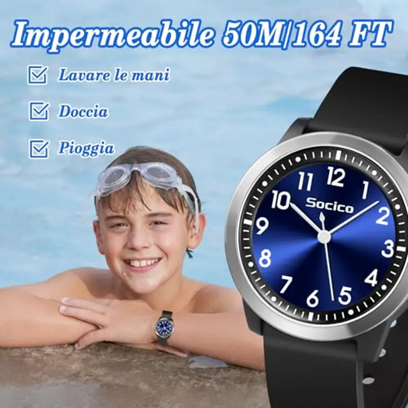 SOCICO Analogico Orologio da polso per Bambini e Ragazze, 5ATM/50M Impermeabile Orologio per Bambini, Minimalista per Bambini da 8 a 18 anni (nero blu) miniatura 2