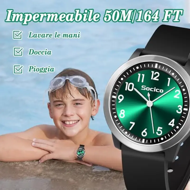 SOCICO Analogico Orologio da polso per Bambini e Ragazze, 5ATM/50M Impermeabile Orologio per Bambini, Minimalista per Bambini da 8 a 18 anni (nero verde) miniatura 2