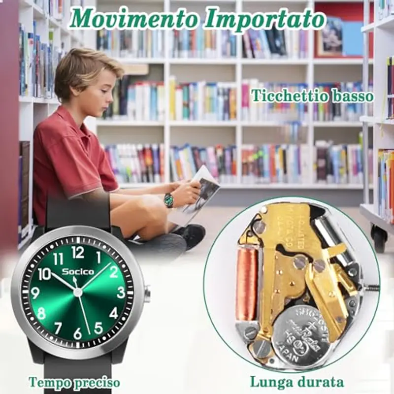 SOCICO Analogico Orologio da polso per Bambini e Ragazze, 5ATM/50M Impermeabile Orologio per Bambini, Minimalista per Bambini da 8 a 18 anni (nero verde) miniatura 3