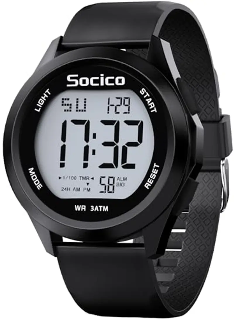 SOCICO Orologio Digitale Da Uomo, Sportivo, Militare, Impermeabile, Cronografo, Per Uomo, Con Illuminazione A Led, Sveglia, Data, Sport (Nero)