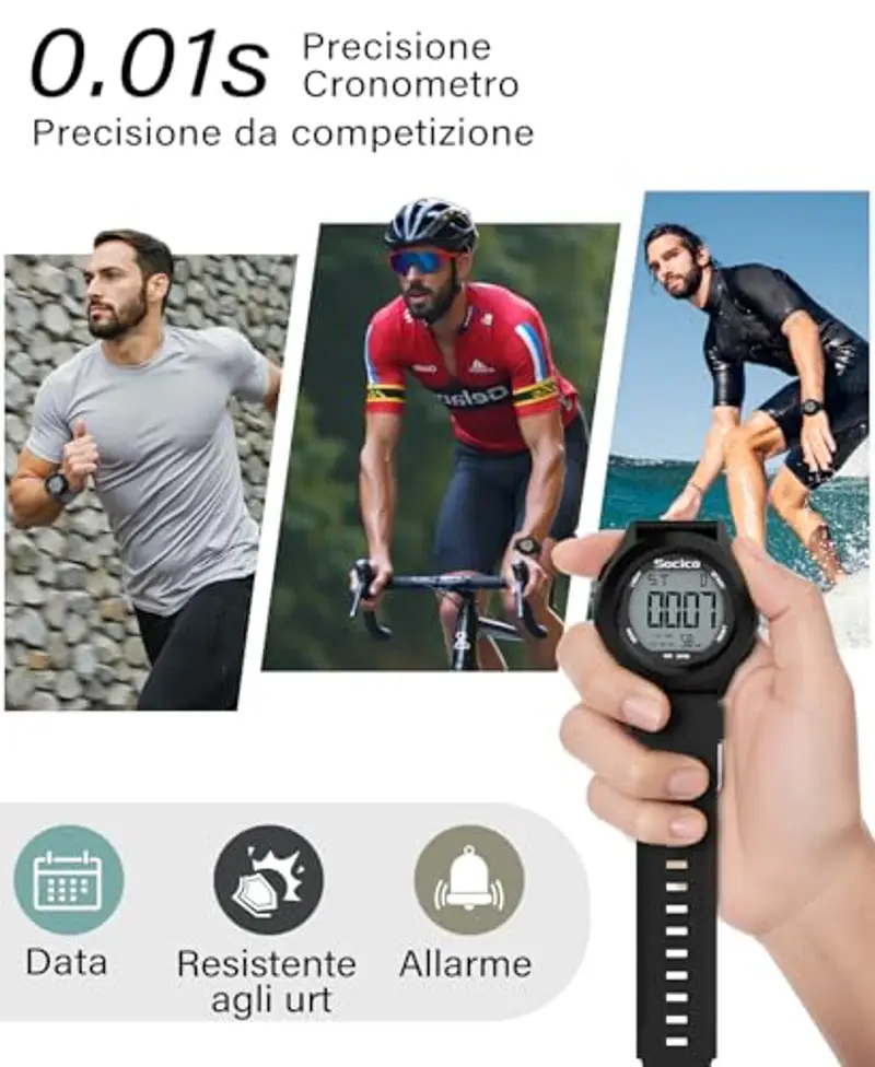 SOCICO Orologio Digitale Da Uomo, Sportivo, Militare, Impermeabile, Cronografo, Per Uomo, Con Illuminazione A Led, Sveglia, Data, Sport (Nero) miniatura 3