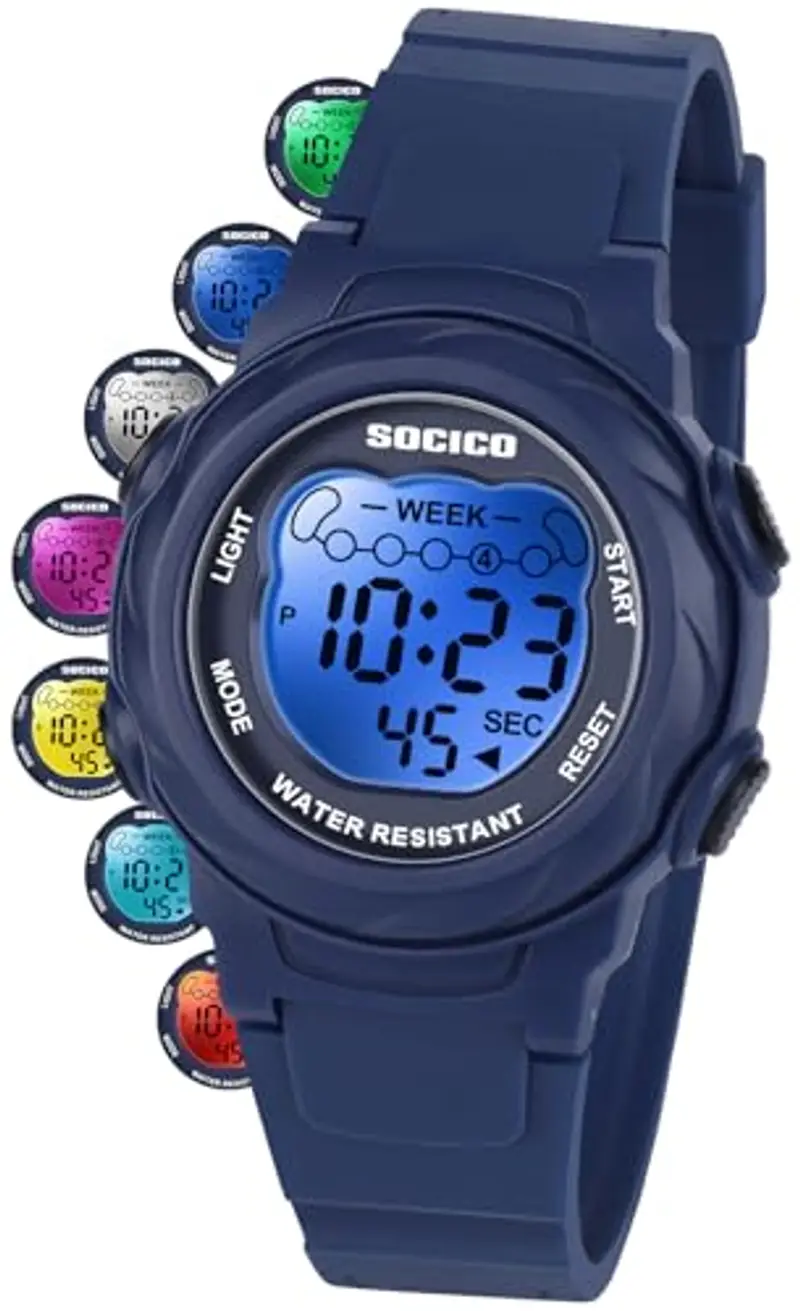SOCICO Orologio digitale per bambini, resistente all'acqua 5ATM, orologio per bambini illuminato a 7 colori con sveglia e cronometro per bambine e bambini dai 5 ai 12 anni.
