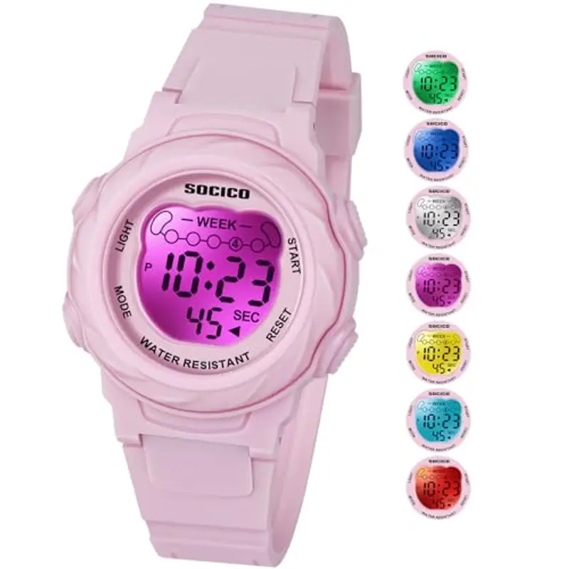 SOCICO Orologio digitale per bambini, resistente all'acqua 5ATM, orologio per illuminato a 7 colori con sveglia e cronometro per bambine e bambini dai 5 ai 12 anni.