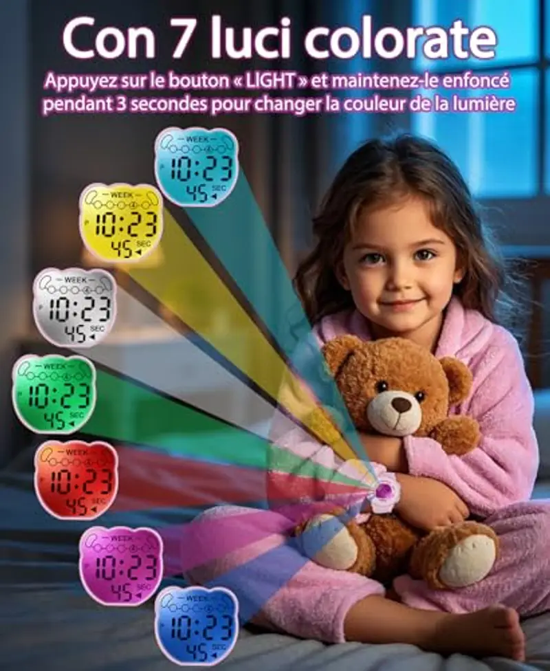 SOCICO Orologio digitale per bambini, resistente all'acqua 5ATM, orologio per illuminato a 7 colori con sveglia e cronometro per bambine e bambini dai 5 ai 12 anni miniatura 2
