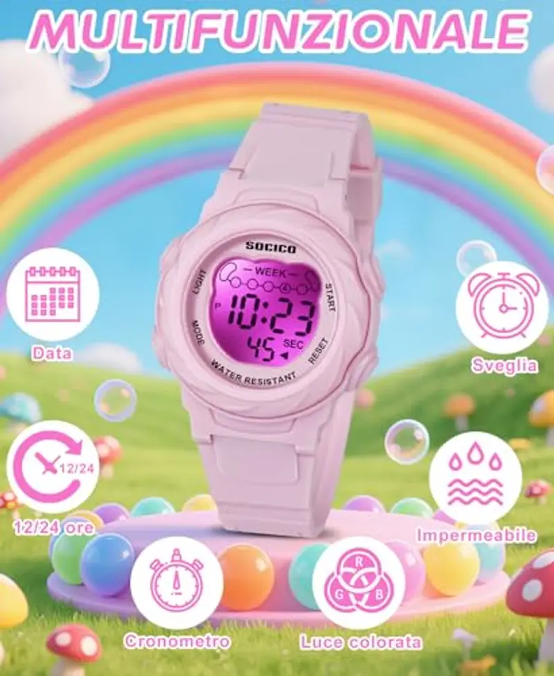SOCICO Orologio digitale per bambini, resistente all'acqua 5ATM, orologio per illuminato a 7 colori con sveglia e cronometro per bambine e bambini dai 5 ai 12 anni miniatura 3