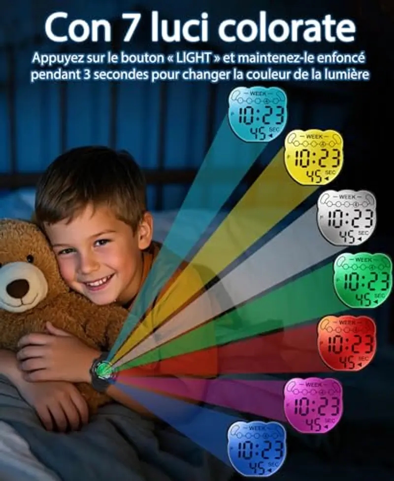 SOCICO Orologio digitale per bambini, resistente all'acqua 5ATM, orologio per illuminato a 7 colori con sveglia e cronometro per bambine e bambini dai 5 ai 12 anni miniatura 2