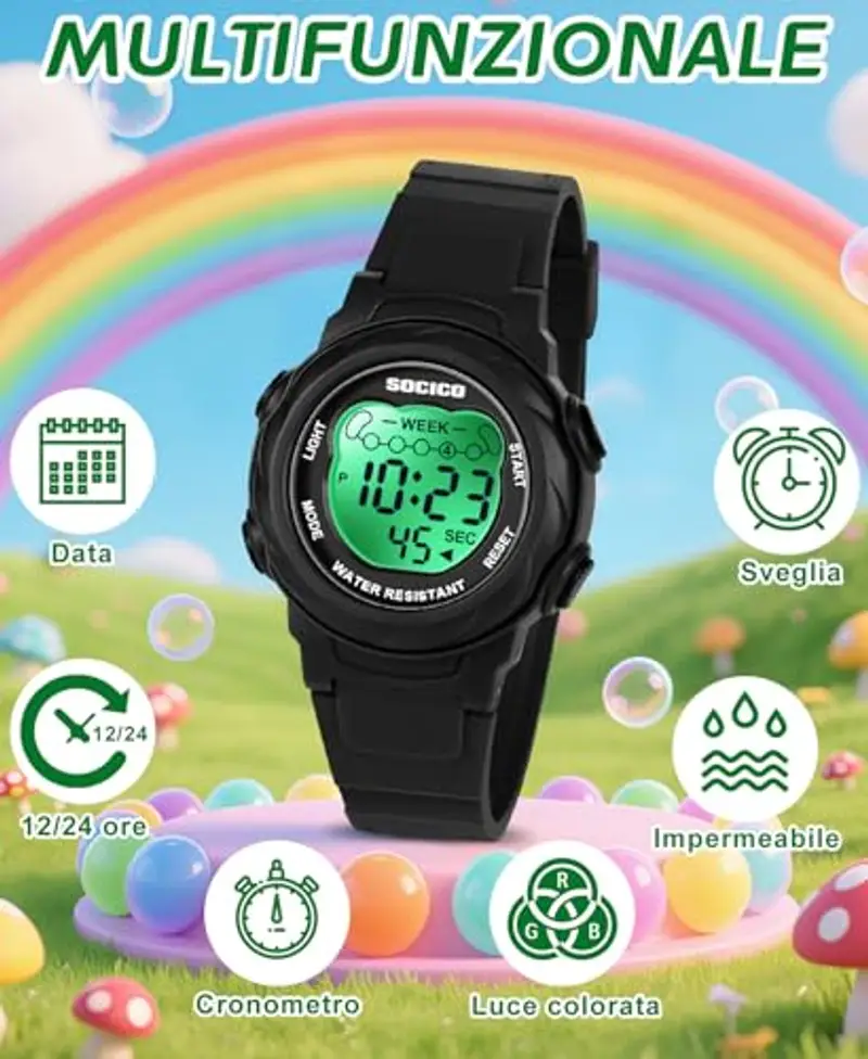 SOCICO Orologio digitale per bambini, resistente all'acqua 5ATM, orologio per illuminato a 7 colori con sveglia e cronometro per bambine e bambini dai 5 ai 12 anni miniatura 3