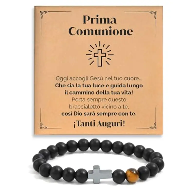SOFIA FERRER Regali per Prima Comunione Maschio, Bracciale Bambino, Idee Regalo Prima Comunione Bambino, Braccialetto Regolabile di Pietre Naturali e Croce per Ragazzo (PRIMA)