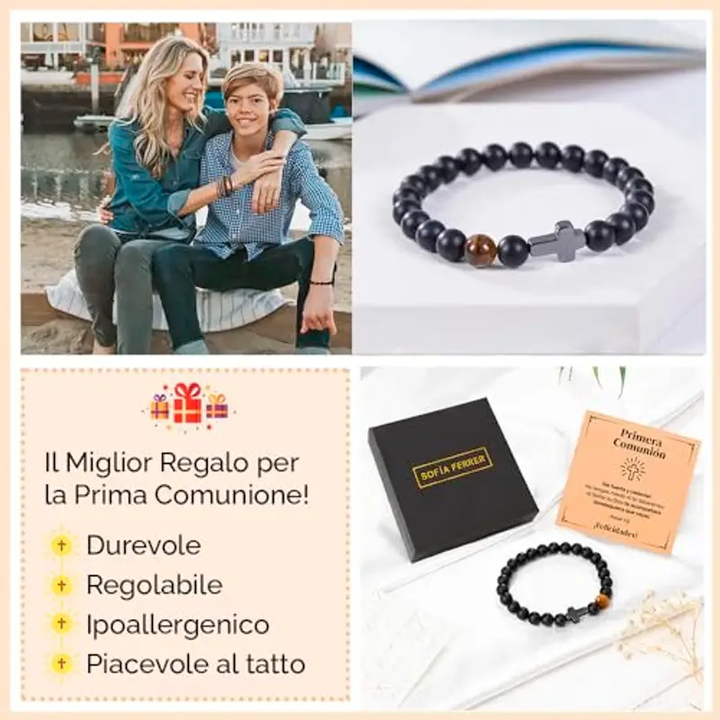 SOFIA FERRER Regali per Prima Comunione Maschio, Bracciale Bambino, Idee Regalo Prima Comunione Bambino, Braccialetto Regolabile di Pietre Naturali e Croce per Ragazzo (PRIMA) miniatura 2
