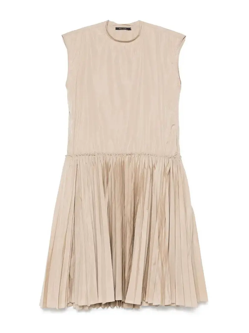 Abito Smanicato Con Gonna Plisse Cammello