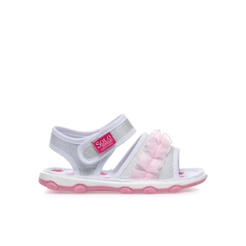 Sandali bimba grigi in tessuto con velcro e voile