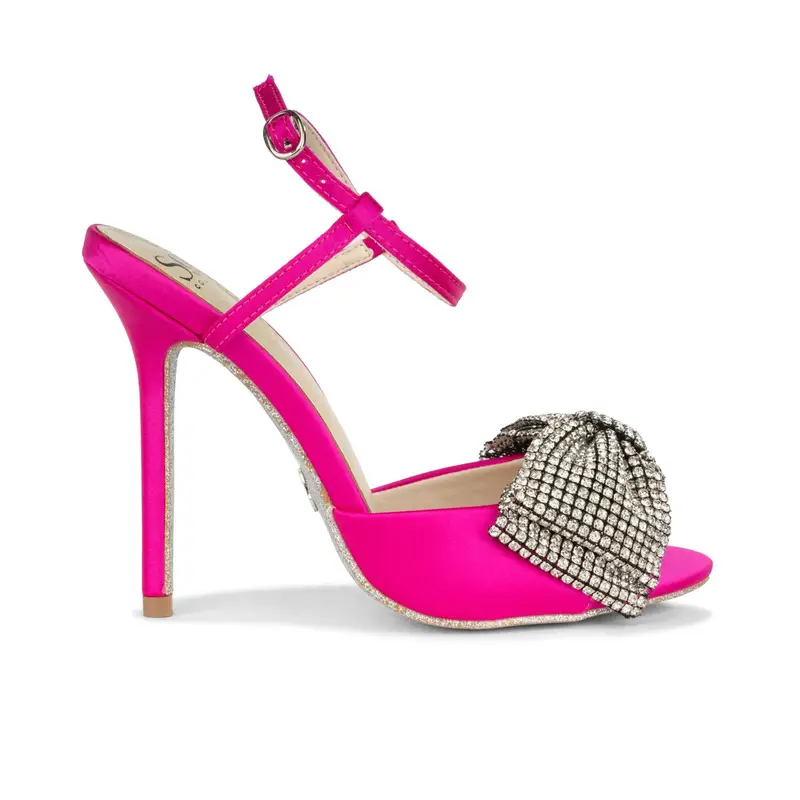 Sandali da donna fucsia con tacco alto e fiocchi con strass