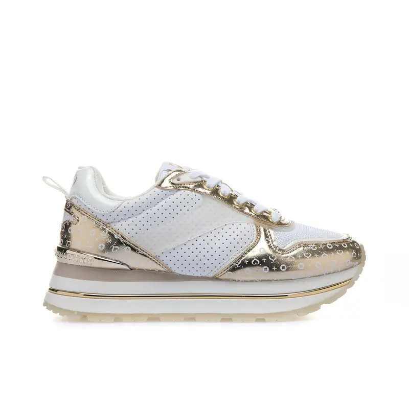 Sneakers bianche con suola platform e dettagli laminati stampa logo