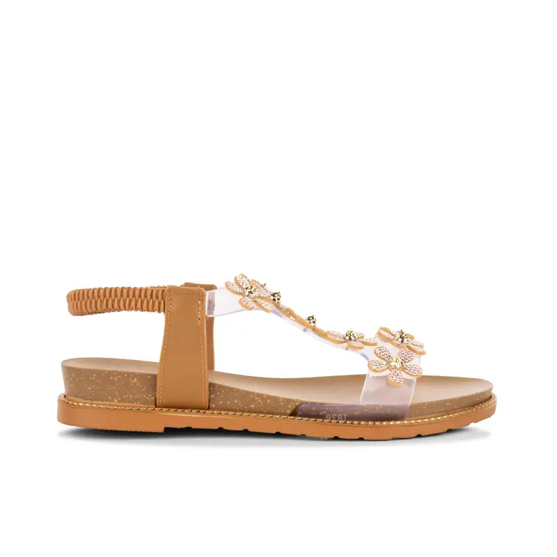 Sandali bassi marroni con fascia trasparente con fiori da donna
