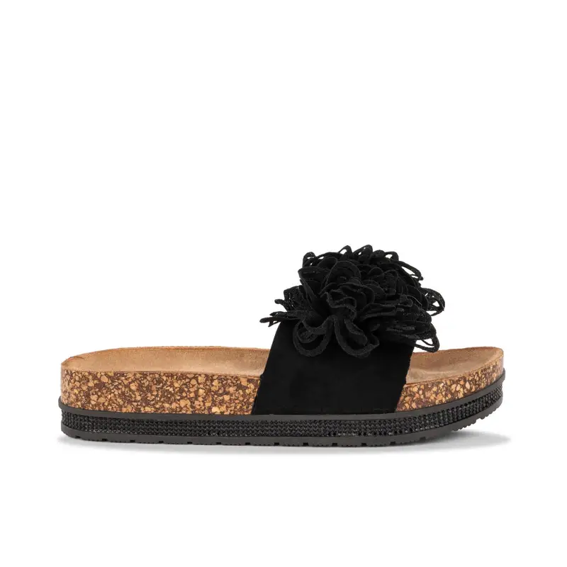 Sandali bassi neri con fondo effetto sughero e fiore da donna