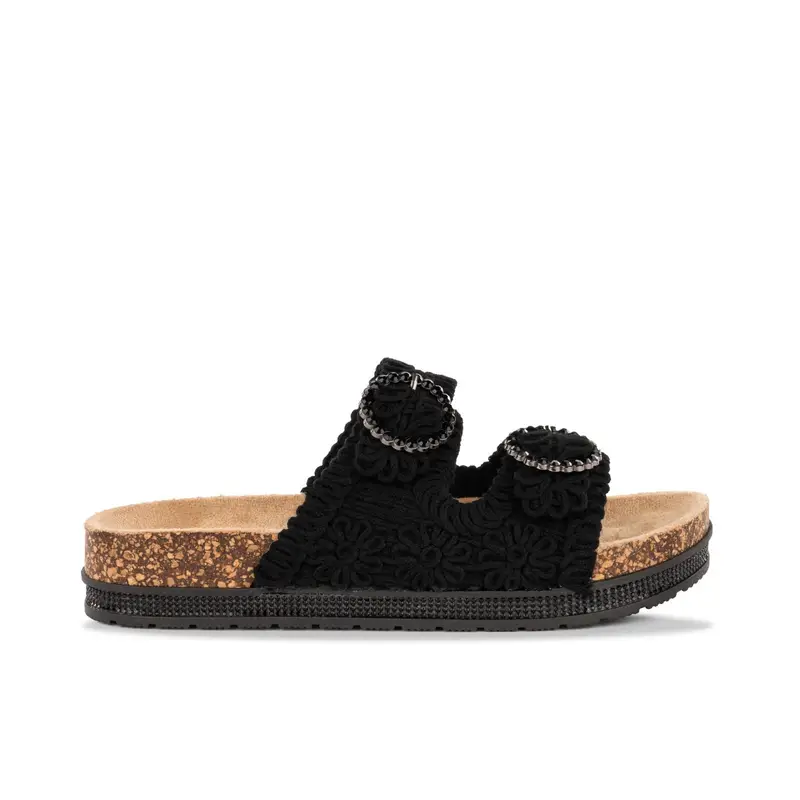 Sandali con platform neri ricamati con fondo effetto sughero da donna