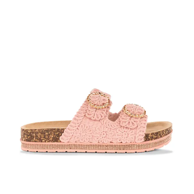 Sandali con platform rosa ricamati con fondo effetto sughero da donna