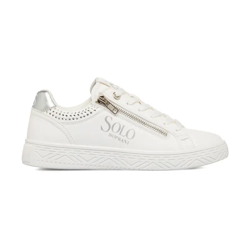 Sneakers bianche da donna con logo laterale, lacci e zip