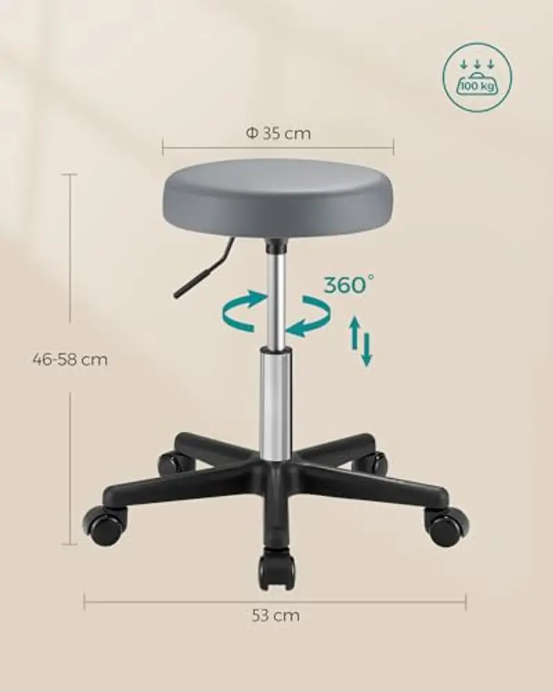 SONGMICS Sgabello Girevole con Ruote, Altezza Regolabile 46-58 cm, Sgabello da Bar Imbottito Rivestito in PU, Sgabello miniatura 3