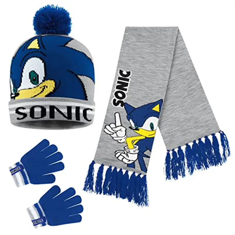 Sonic the Hedgehog Cappello Bambino, Set Invernale Cappello Sciarpa e Guanti (4-15 anni, Multicolore 3 Pezzi)