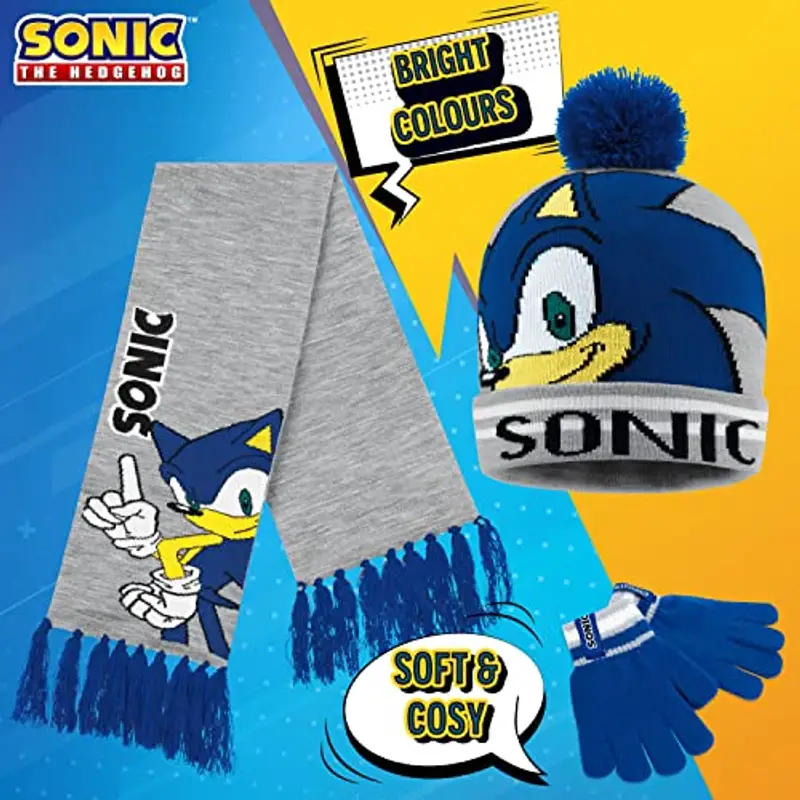Sonic the Hedgehog Cappello Bambino, Set Invernale Cappello Sciarpa e Guanti (4-15 anni, Multicolore 3 Pezzi) miniatura 2