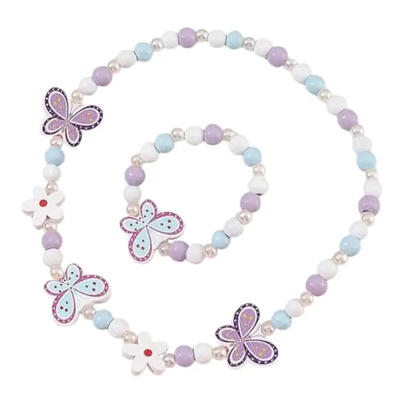 Souvik Set Gioielli Bambina 2 Pezzi Collana e Bracciale in Legno per Bambina Con Perline a Forma di Farfalla e Fiore Regalo Perfetto per Compleanno o Uso Quotidiano Blu Viola