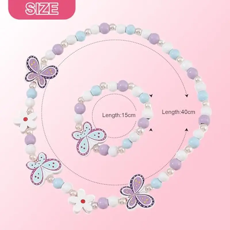 Souvik Set Gioielli Bambina 2 Pezzi Collana e Bracciale in Legno per Bambina Con Perline a Forma di Farfalla e Fiore Regalo Perfetto per Compleanno o Uso Quotidiano Blu Viola miniatura 3