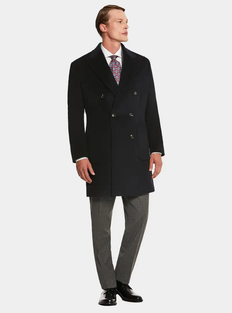 Cappotto blu doppiopetto in misto lana e cashmere con martingala