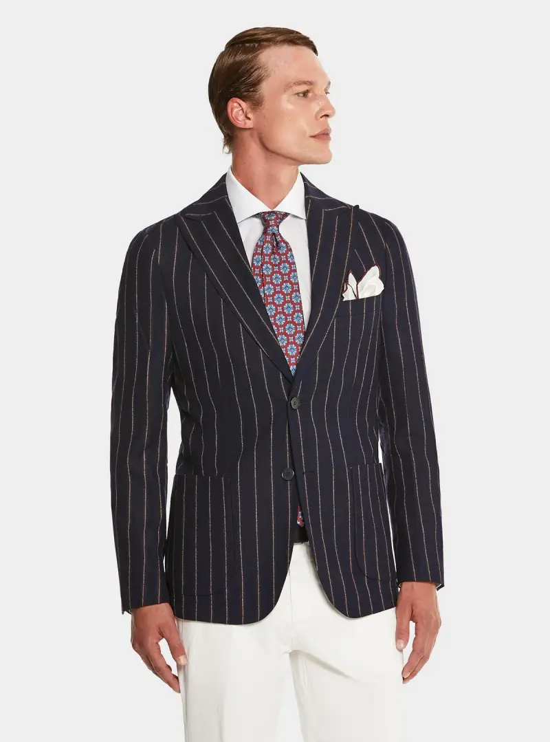 Giacca blu gessata in pura lana