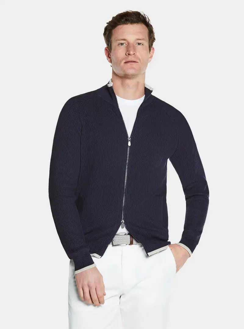 Maglia full zip a coste in puro cotone