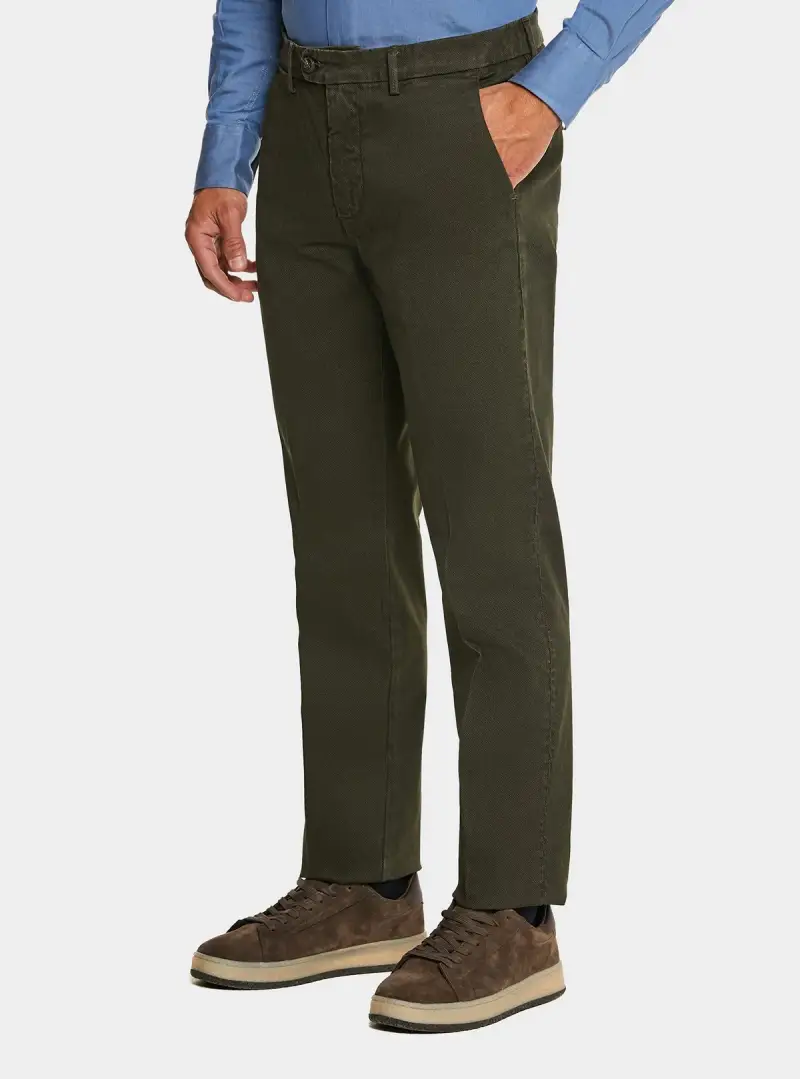 Pantalone tasca America in cotone stretch con microfantasia