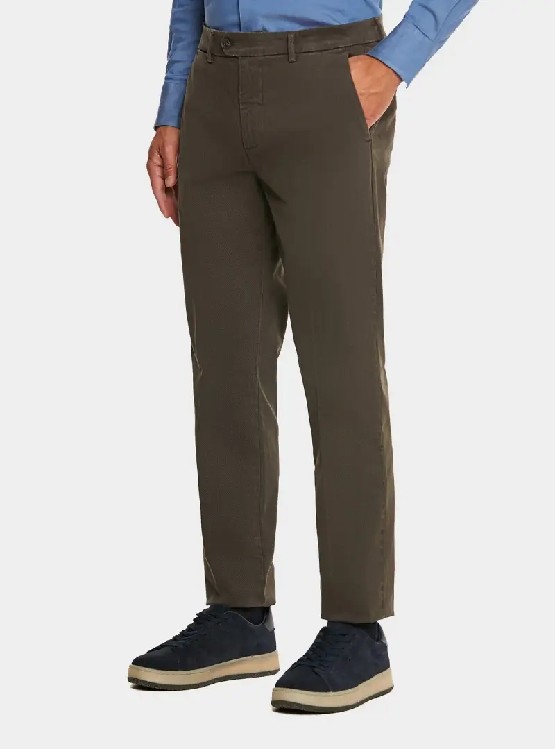 Pantalone tasca America in cotone stretch con microfantasia