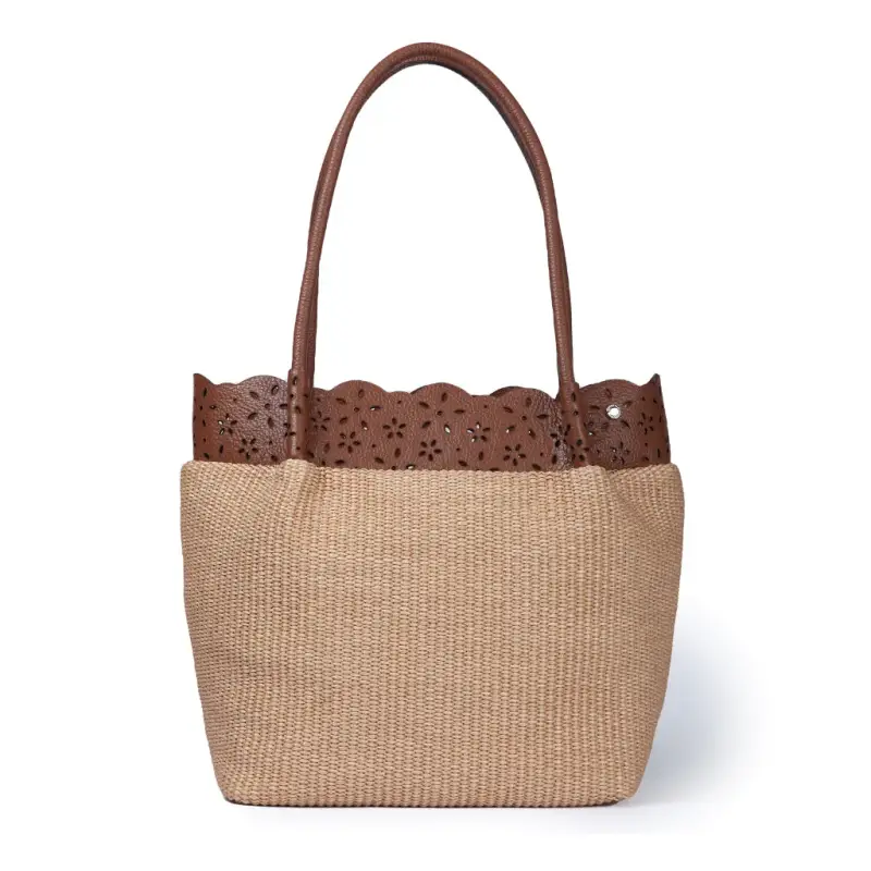 Borse Diletta Shopping Tote in rafia e pelle cuoio