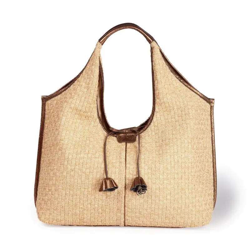 Borse donna Viola in rafia con finiture in pelle bronzo