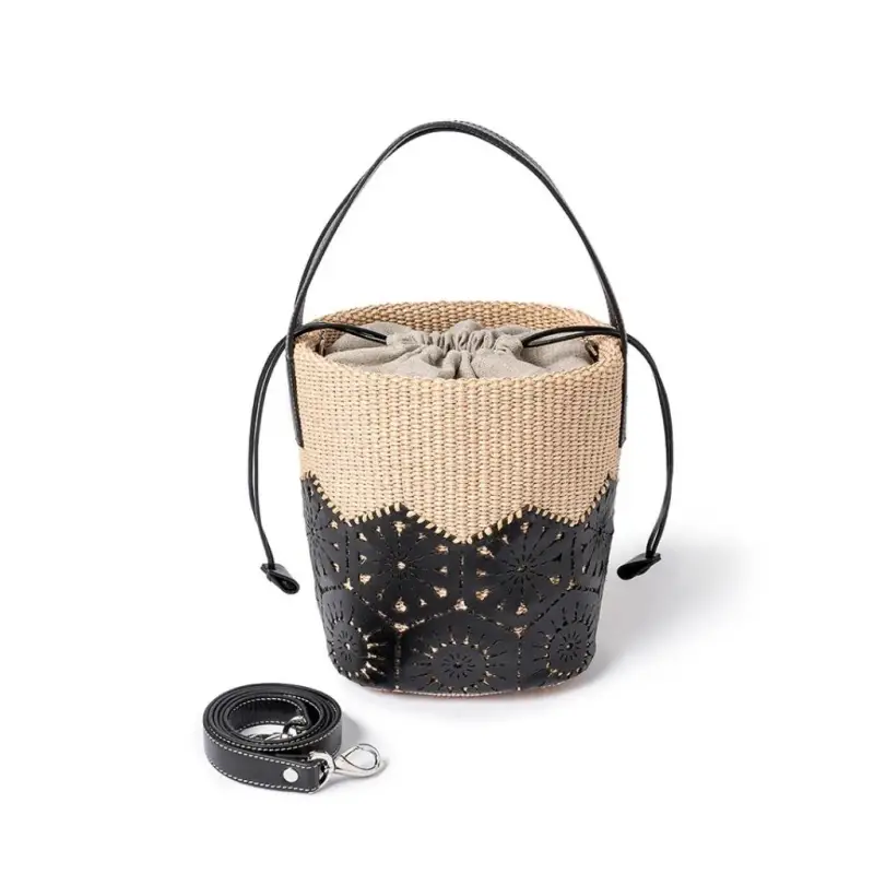 Borse Giulia Bucket in rafia e pelle nera